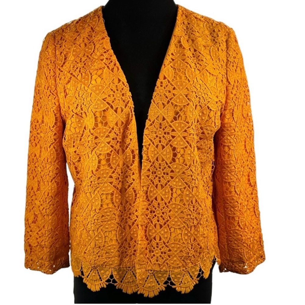 Ann Taylor Factory Goldenrod Yellow Orange Lace Crochet Open Blazer Size…